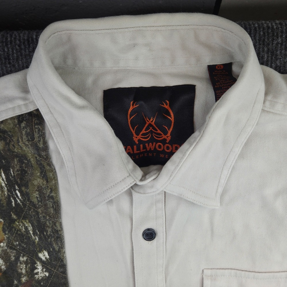 Tallwood Mens XL Tan Cotton Camo Patch Hunting Shirt Long Sleeve Outdoor Utility